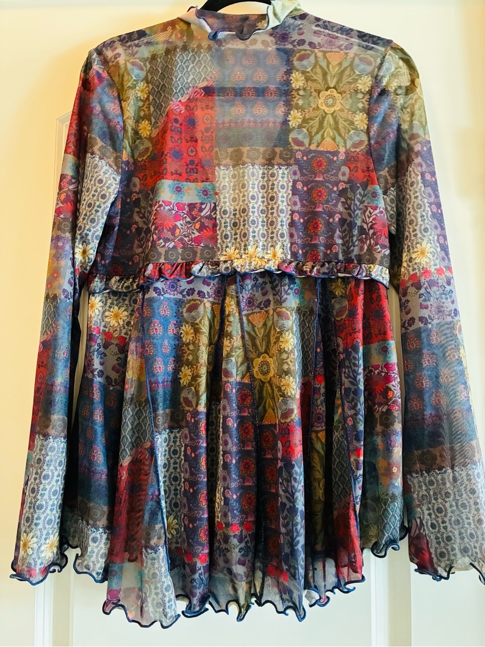 NATURAL LIFE Multicolor Floral Patchwork Ruffle V-Neck Top - Picture 6 of 7